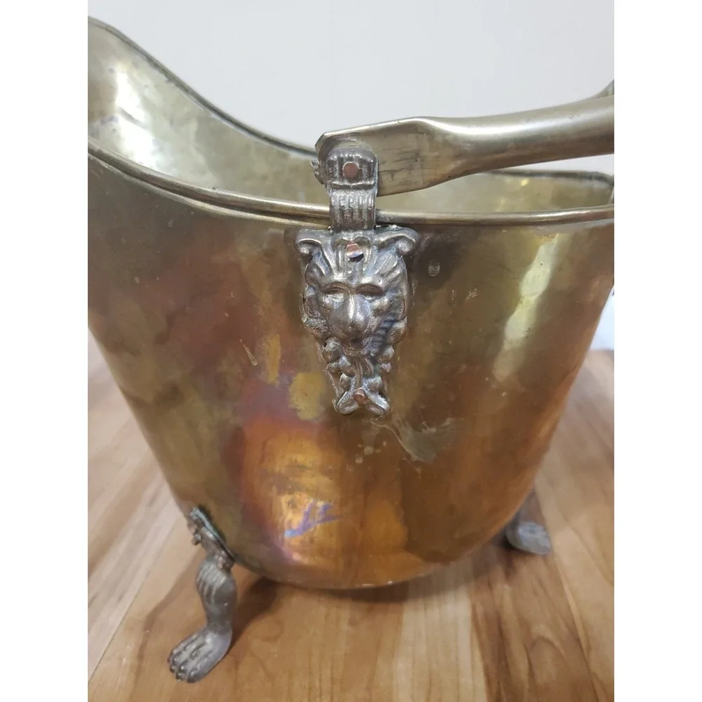 Vintage Brass Coal Scuttle‎ Bucket Lion Head Claw Feet Ceramic Handle
